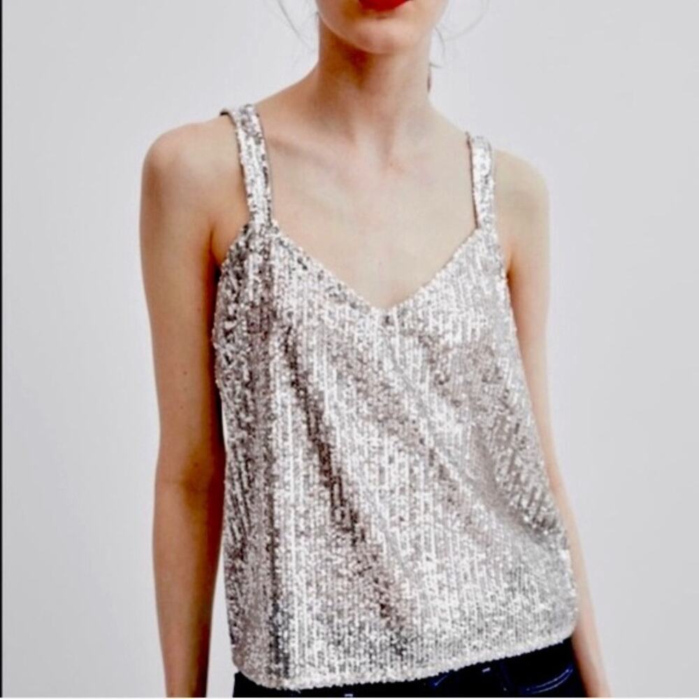 ZARA Trafaluc Silver Sequin Cami Tank Top Small